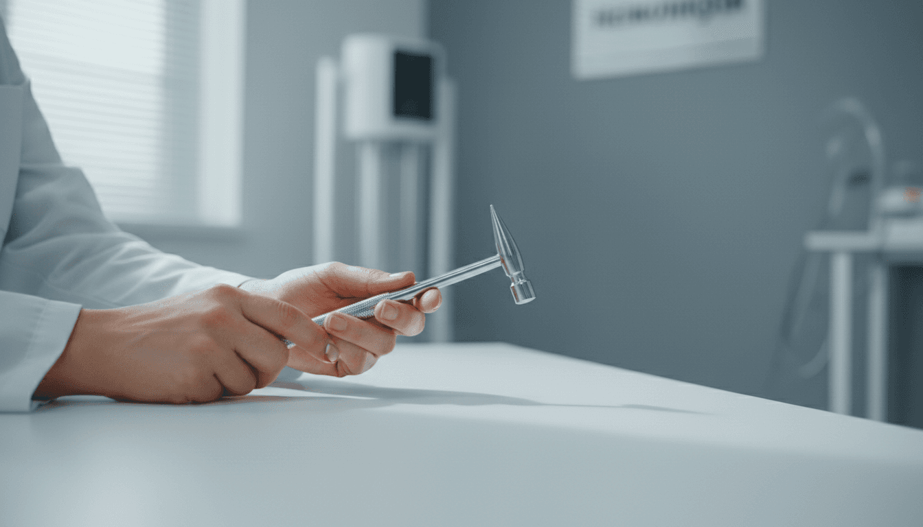 Doctor's hands holding a reflex hammer in a neurology clinic